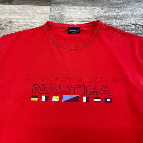 Vintage Nautica  T-Shirt Bright Red Mens L Brand Logo Spellout Flags Graphic 90s - Picture 1 of 10